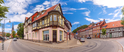 Panorama of medieval street, half-timbered houses and castle in Wernigerode, Saxony-Anhalt, Germany
