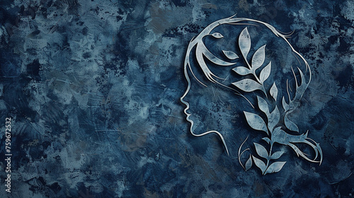 logo of a girl with leaf art isolated on blue background, hairstyle, haircolor, fashion model, cards, banners, posters with copy space for text 	 photo