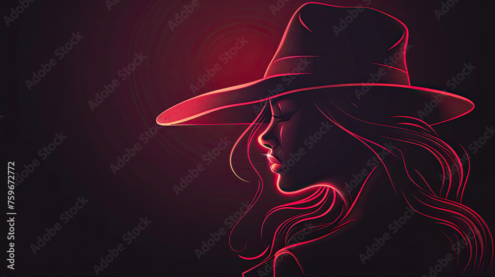 line art of Long haired beautiful woman in hat isolated on black background 