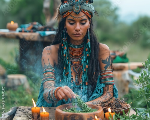 Mystical shaman woman performing ritual in nature: enchanting woman in shamanic attire focused on a spiritual ceremony outdoors