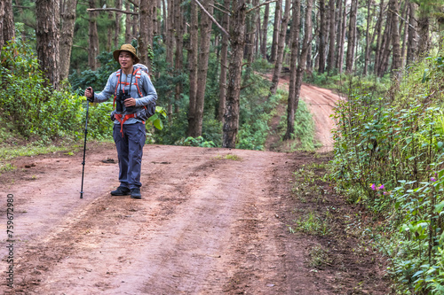 Asian hiker man with backpack and hiking stick walking on dirt road trail in national forest