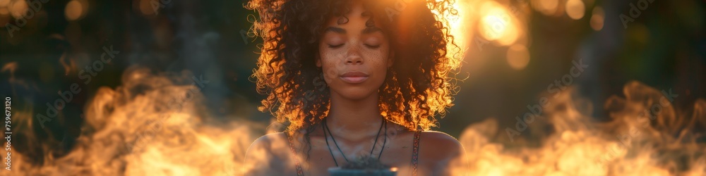 Panoramic header with serene african american young woman meditating at sunset: tranquil young woman meditates with closed eyes, surrounded by a golden sunset glow - obrazy, fototapety, plakaty 