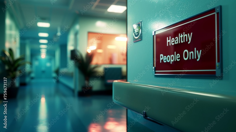 A sign with the words "Only healthy people" in the corridor of the hospital, symbolizing the health crisis and overstretched facilities. - obrazy, fototapety, plakaty 