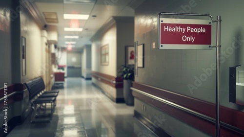 A sign with the words "Only healthy people" in the corridor of the hospital, symbolizing the health crisis and overstretched facilities.