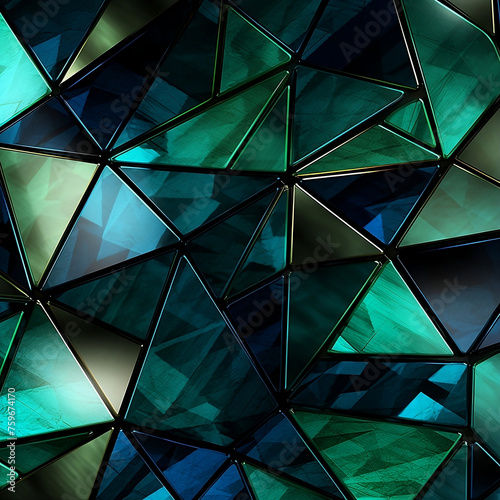 A modern pattern with metallic blue and green triangles. The background is dark black to highlight the color of each triangle in the foreground. It is an elegant geometric pattern, 1:1.