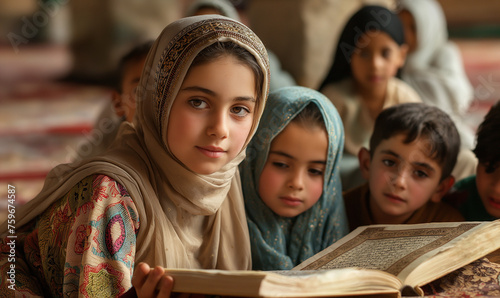 A dedicated educator guides young learners through Quranic studies within the serene ambiance of a mosque photo