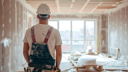 Back view of a man contractor at work inside a home for renovation and refurbishment project , complete energy efficiency renovation concept image