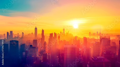 Epic sunrise over a city skyline with a warm, golden glow