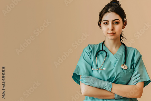 Female medical assistant and drawn pill on light blue background. Banner for concet of international nurses day photo
