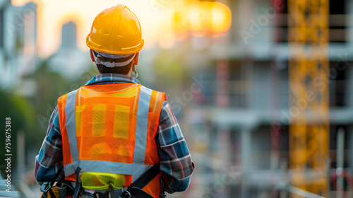 Back view of construction worker wearing safety uniform during working on roof structure of building on construction site