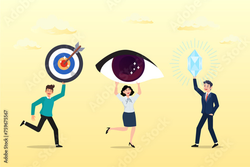 Business people holding mission, vision and value elements, mission, vision and value, company statement to drive success, strategy plan or leadership principle for employee to reach target (Vector)