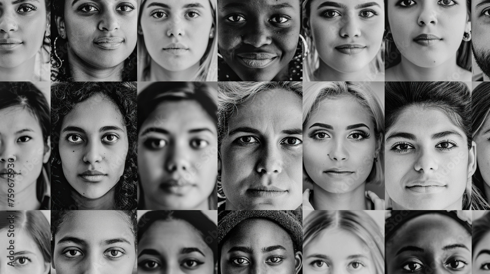 Business culture concept of Diversity, inclusion, equality, honesty, belonging, shown by different people collage portraits in black and white 