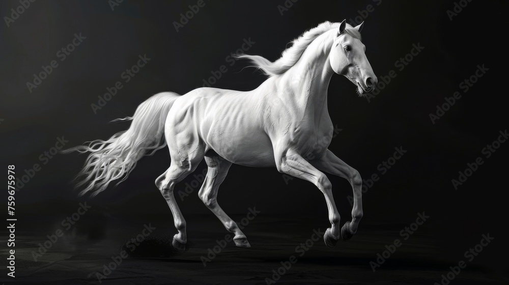 A graceful white horse strong clearly muscular on a black abstract background.