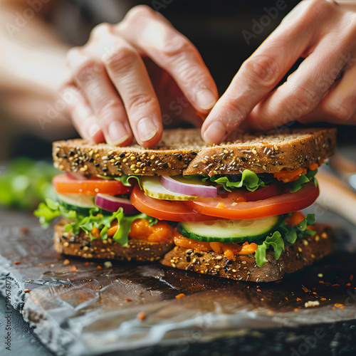 Close-Up of Hands Preparing a Sandwich Generative AI
