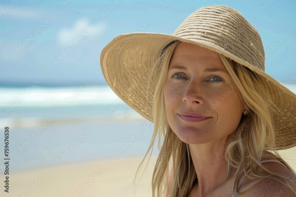 A beautiful Australian woman in her 30s with blonde hair, wearing a wide brimmed straw hat on the beach in Queensland, NSW or Victoria. Summer holiday. Sunsmart, sun protection. Sunny day.