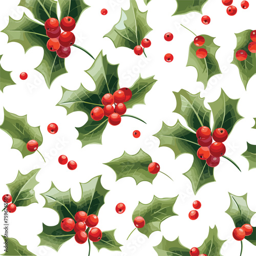 Christmas pattern with holly berry isolated on a wh