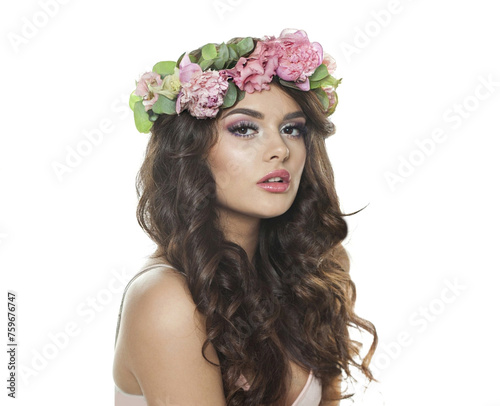 Nice young brunette woman with make-up, long wavy hairstyle, healthy clean skin and flowers isolated on white background