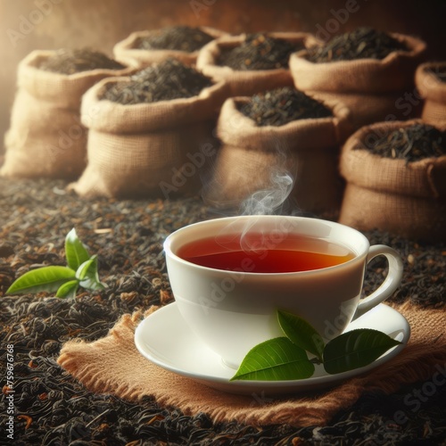 Cup of tea sitting in a sea of tea leaves, with sacks of tea behind 