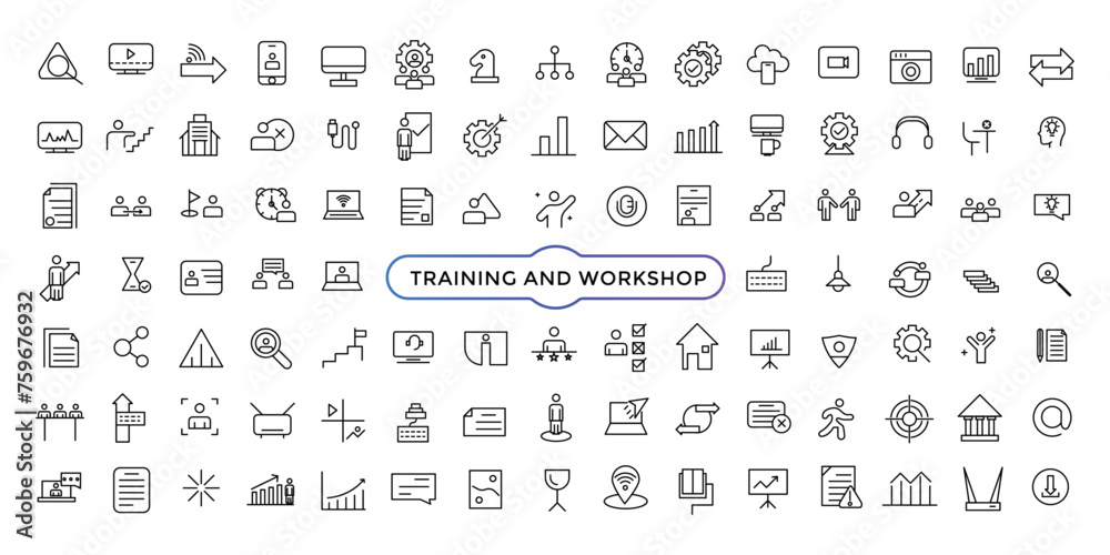 Training and Workshop line icons collection. Big UI icon set. Thin outline icons pack. V vector illustration.