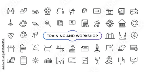 Training and Workshop line icons collection. Big UI icon set. Thin outline icons pack. V vector illustration.