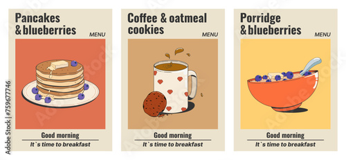 A set of menu covers, posters with a healthy breakfast: pancakes with blueberries, coffee with oatmeal cookies, porridge or oatmeal. Vector illustration in retro style of the 50s, 60s-70s.