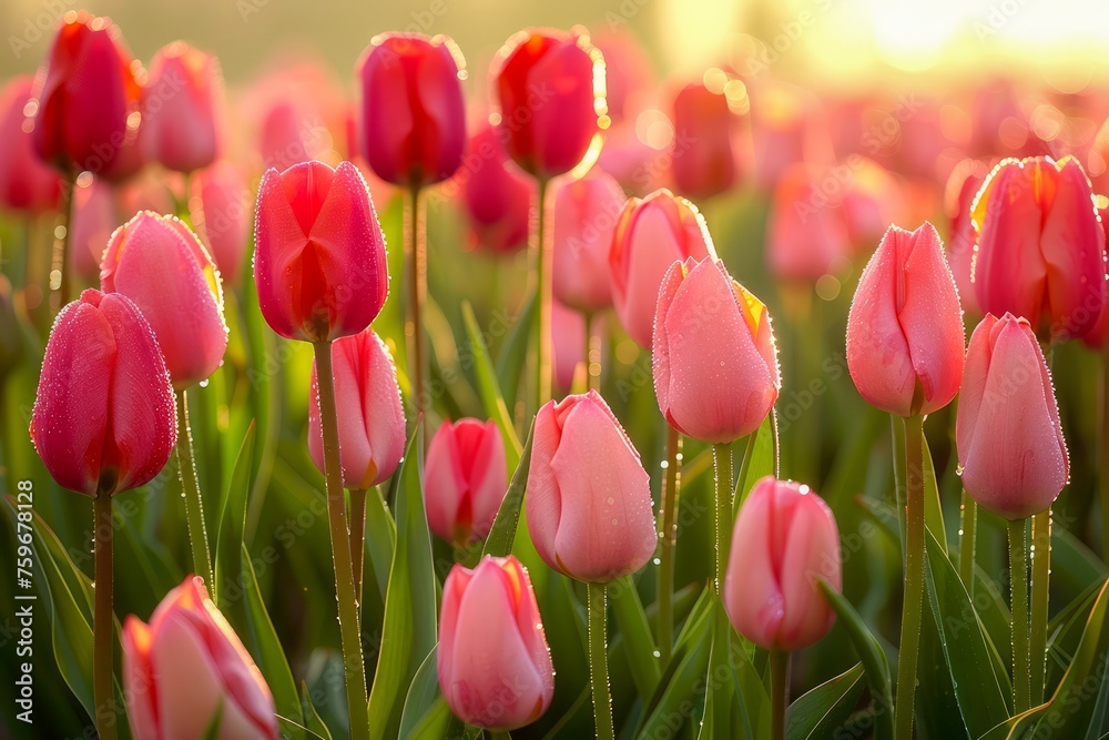 Vibrant Pink Tulips Bathed in Golden Sunlight on a Serene Spring Morning in a Lush Garden