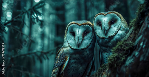 Majestic owls perched in mystic forest © edojob