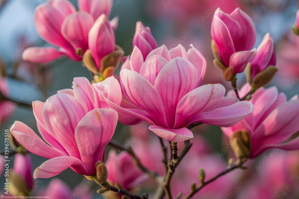 Vibrant Pink Magnolia Blossoms on Tree Branches Against Soft Bokeh Background in Springtime Vibrant Pink Magnolia Blossoms on Tree Branches Against Soft Bokeh Background in Springtime