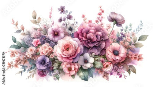 Purple and pink watercolor flowers, arrangement, wild flowers, bouquet