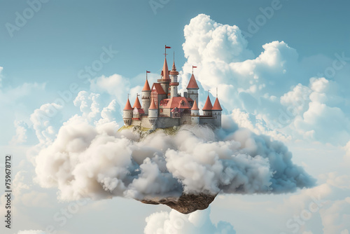 Dreamlike castle soaring above clouds against a blue sky