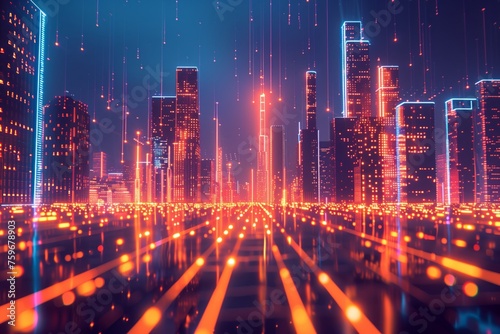 Digital illustration of a vibrant, neon-lit city at night, depicting a high-tech urban landscape © Татьяна Евдокимова