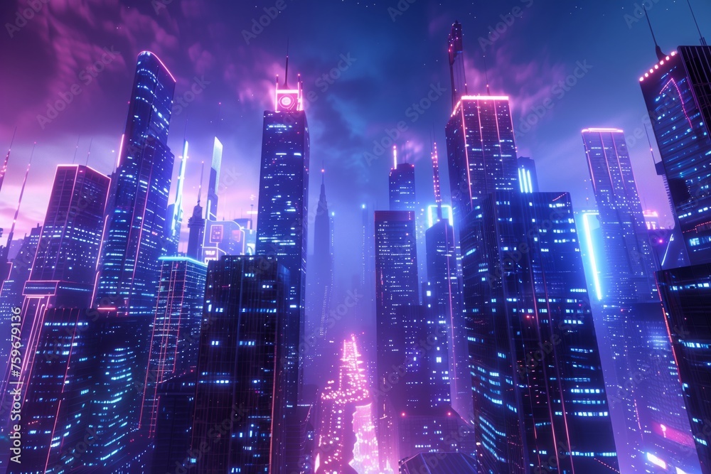 Glowing and vibrant futuristic cityscape at twilight with cyberpunk neon lights and purple sky in a modern urban skyline illustration of a digital art metropolis filled with high-tech