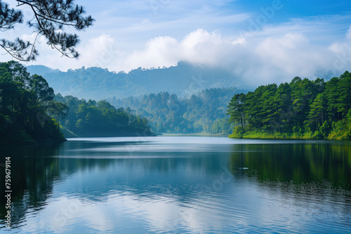 Misty lake amidst lush pine forest