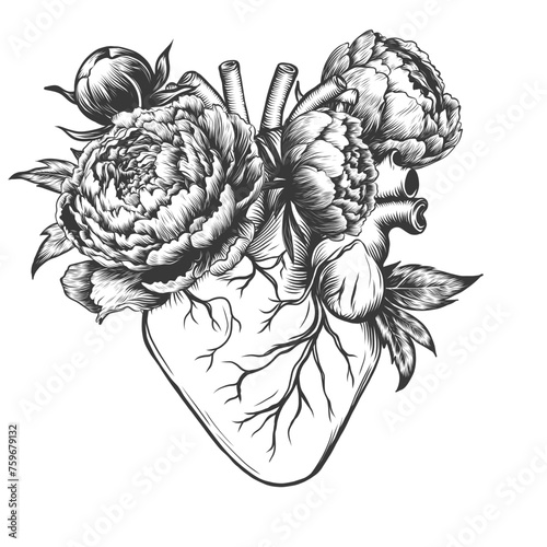 Tattoo vintage illustration. Floral anatomical human heart with blooming flowers peony. Vector illustration isolated on white.