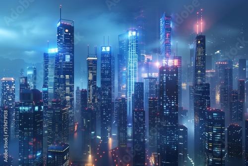 Awe-inspiring nighttime view of a modern city with towering skyscrapers and neon illumination