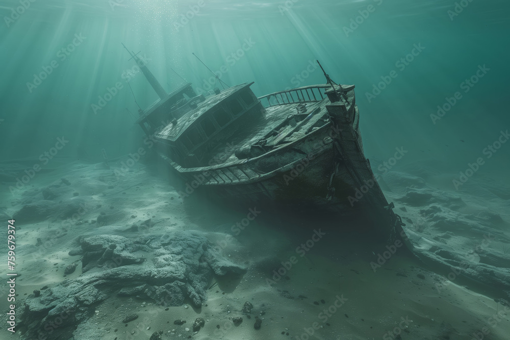 Eerie yet tranquil underwater scene featuring a ghostly sunken ship on the ocean floor - obrazy, fototapety, plakaty 