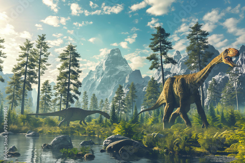 Serene prehistoric scene with dinosaurs wandering by a water body, surrounded by lush greenery and mountains