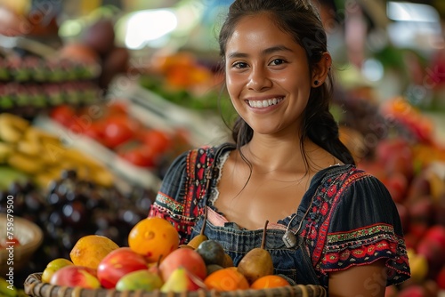 A grocery store employee  a mixed race  lady  is beaming at the camera while bearing a basket of fruits happily and space  Generative AI.