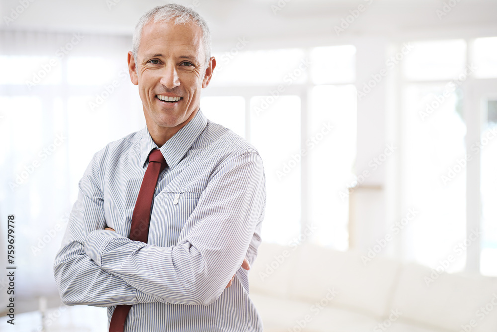 Portrait, man and business with arms crossed, smile or mockup space with lawyer in workplace. Face, mature person or entrepreneur with attorney or employee with startup or corporate with professional