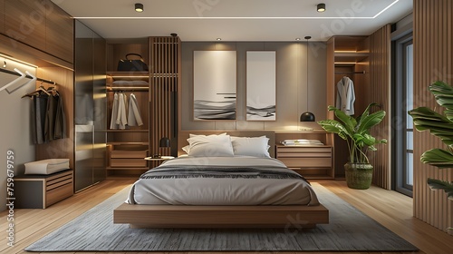 Modern style large bedroom with a floating bed frame and a walk-in closet equipped with modular shelving and clothing racks