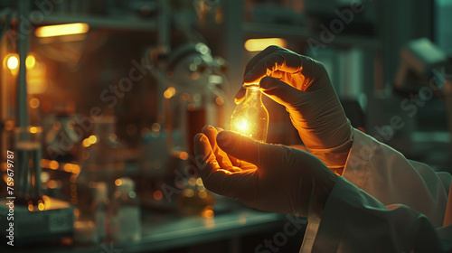 A close-up of a scientist's hand holding a glowing sample against a backdrop of advanced laboratory equipment, with beams of light casting intricate shadows. 8K