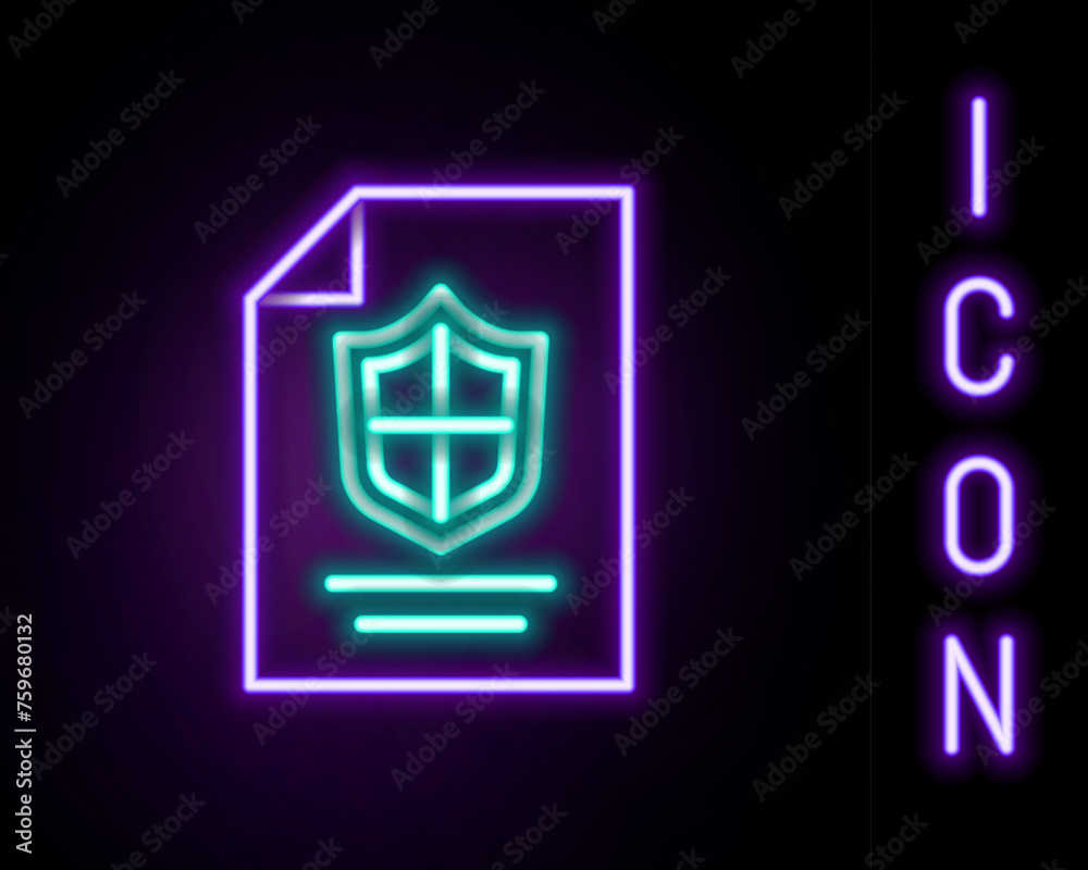 Glowing neon line Contract with shield icon isolated on black background. Insurance concept. Security, safety, protection, protect concept. Colorful outline concept. Vector Glowing neon line Contract with shield icon isolated on black background. Insurance concept. Security, safety, protection, protect concept. Colorful outline concept. Vector