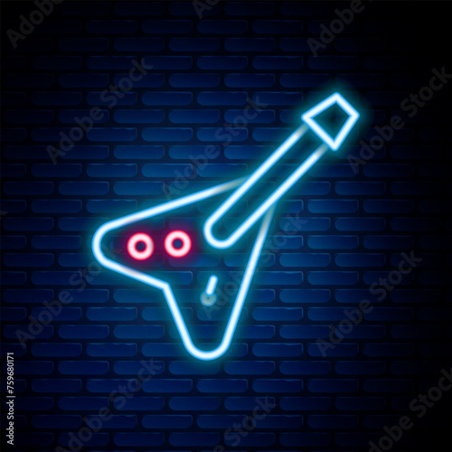 Glowing neon line Electric bass guitar icon isolated on brick wall background. Colorful outline concept. Vector