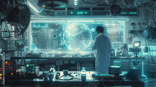 A futuristic laboratory scene featuring a scientist surrounded by levitating equipment and holographic displays, conducting experiments in zero-gravity conditions. 8K