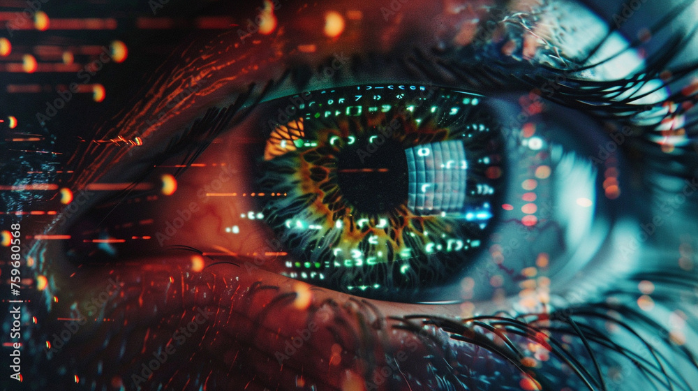 A human eye surrounded by virtual holographic elements displaying encrypted data, symbolizing the advanced techniques used in digital surveillance and authentication. 8K.