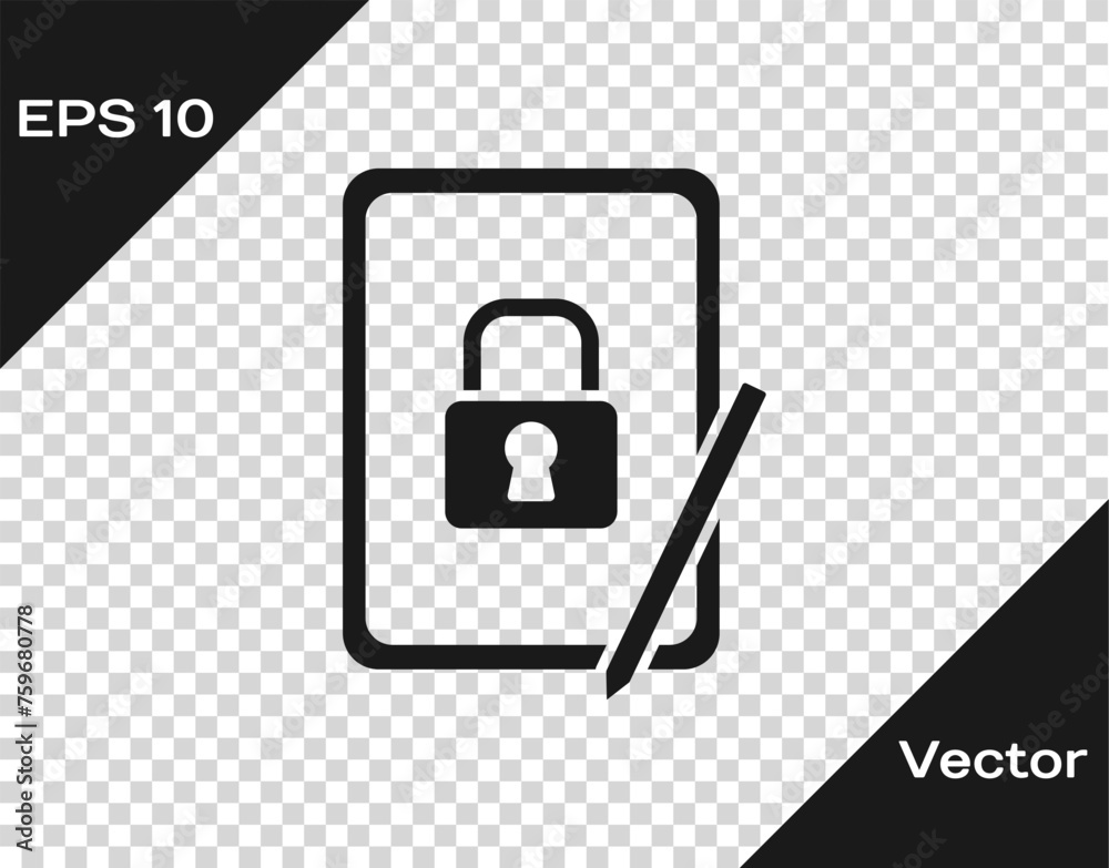 Black Graphic tablet with closed padlock icon isolated on transparent background. Phone with lock. Mobile security, safety, protection concept. Vector Black Graphic tablet with closed padlock icon isolated on transparent background. Phone with lock. Mobile security, safety, protection concept. Vector