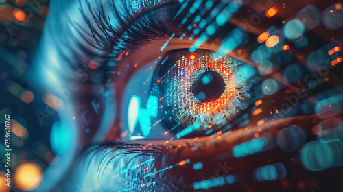 A human eye surrounded by virtual holographic elements displaying encrypted data, symbolizing the advanced techniques used in digital surveillance and authentication. 8K.