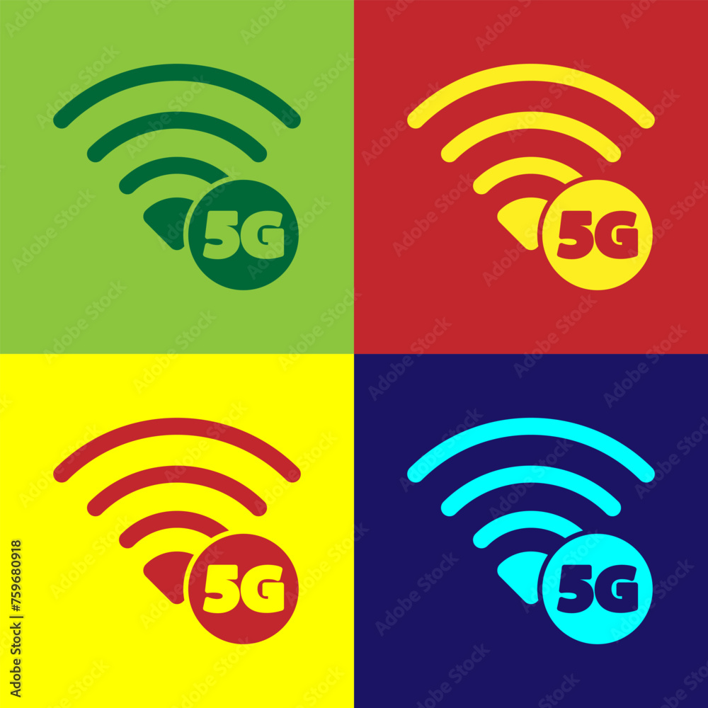 Pop art 5G new wireless internet wifi connection icon isolated on color background. Global network high speed connection data rate technology. Vector Pop art 5G new wireless internet wifi connection icon isolated on color background. Global network high speed connection data rate technology. Vector