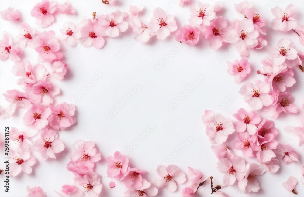 Pink cherry blossom flower and petal, top view, floral frame, copy space for text, white background
