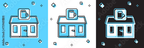 Set Store building of beer shop icon isolated on blue and white, black background. Brewery sign. Vector